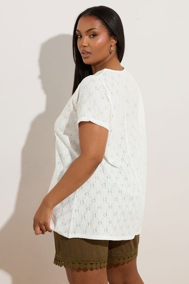 Yours Curve White Broderie Anglaise Textured Swing Top