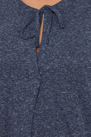 Yours Curve Navy Blue Linen Marl Tie Front Top