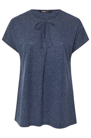 Yours Curve Navy Blue Linen Marl Tie Front Top