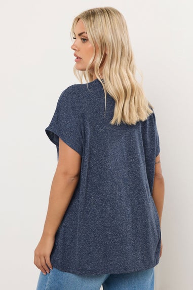 Yours Curve Navy Blue Linen Marl Tie Front Top