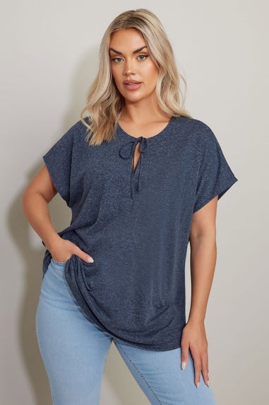 Yours Curve Navy Blue Linen Marl Tie Front Top