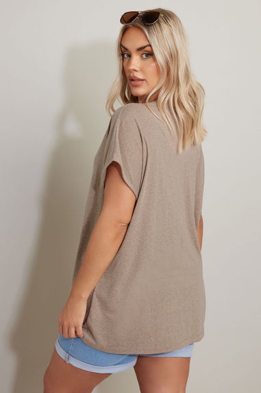 Yours Curve Natural Brown Linen Marl Tie Front Top