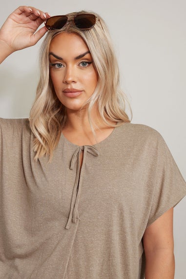 Yours Curve Natural Brown Linen Marl Tie Front Top