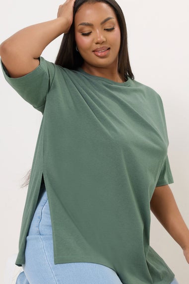 Yours Curve Sage Green Oversized Side Split T-Shirt