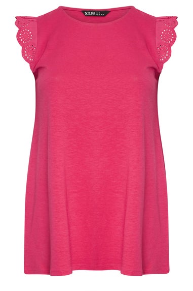 Yours Curve Hot Pink Broderie Anglaise Frill Sleeve Vest Top