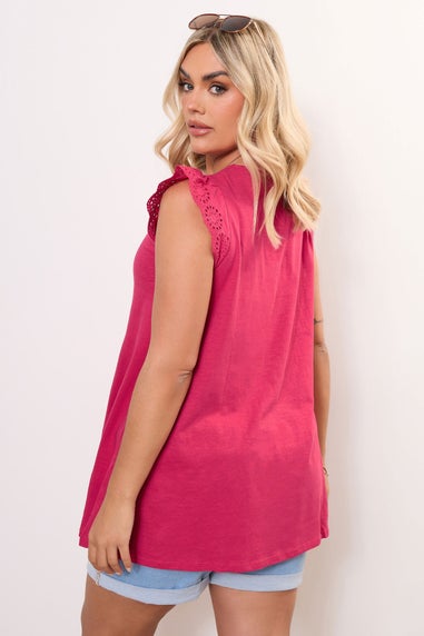 Yours Curve Hot Pink Broderie Anglaise Frill Sleeve Vest Top