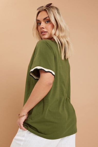 Yours Curve Khaki Green Metallic Crochet Trim T-Shirt