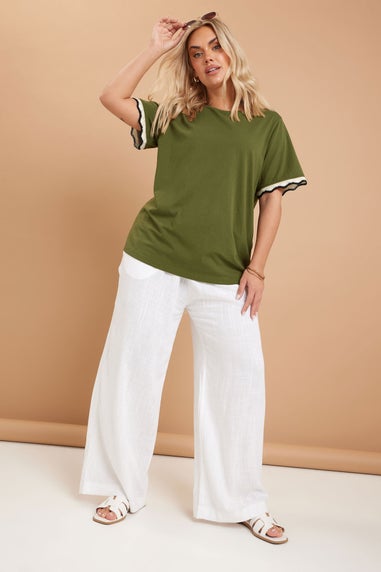 Yours Curve Khaki Green Metallic Crochet Trim T-Shirt