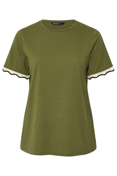 Yours Curve Khaki Green Metallic Crochet Trim T-Shirt