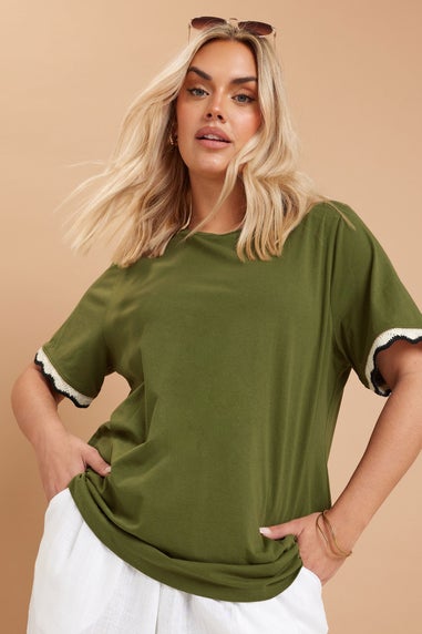 Yours Curve Khaki Green Metallic Crochet Trim T-Shirt
