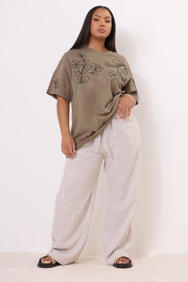 Yours Curve Mocha Brown Floral Embroidered Oversized T-Shirt