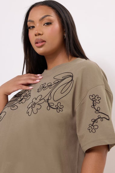 Yours Curve Mocha Brown Floral Embroidered Oversized T-Shirt