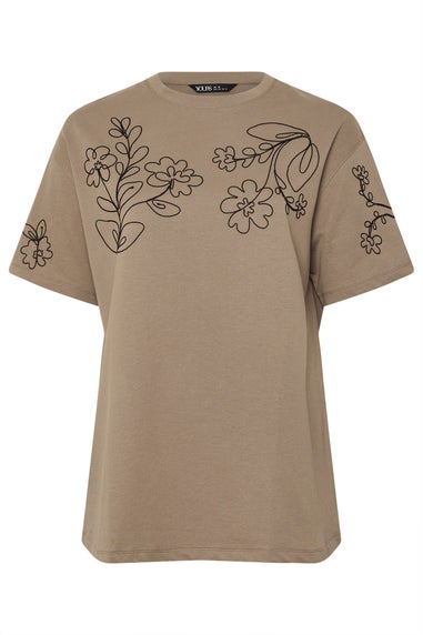 Yours Curve Mocha Brown Floral Embroidered Oversized T-Shirt