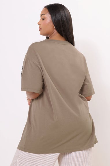 Yours Curve Mocha Brown Floral Embroidered Oversized T-Shirt