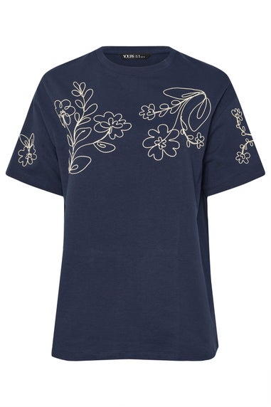 Yours Curve Navy Blue Floral Embroidered Oversized T-Shirt