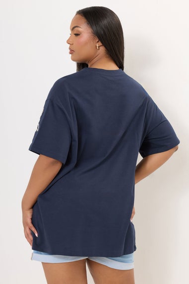 Yours Curve Navy Blue Floral Embroidered Oversized T-Shirt
