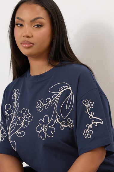 Yours Curve Navy Blue Floral Embroidered Oversized T-Shirt