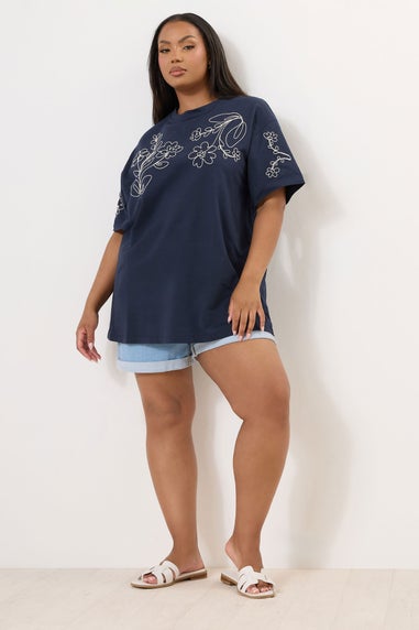 Yours Curve Navy Blue Floral Embroidered Oversized T-Shirt