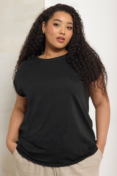 Yours Curve Black Crochet Trim Detail T-Shirt