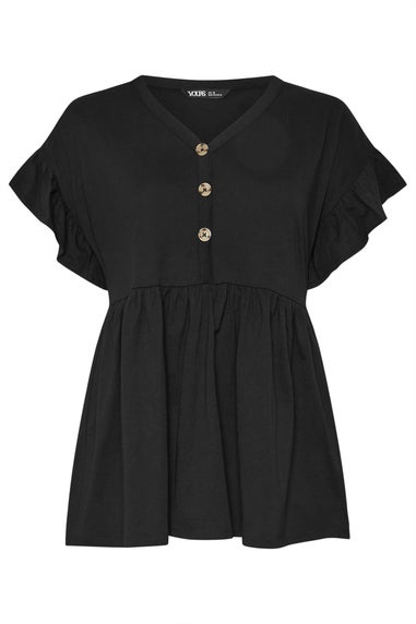 Yours Curve Black Button Frill Sleeve Peplum Top