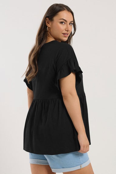 Yours Curve Black Button Frill Sleeve Peplum Top