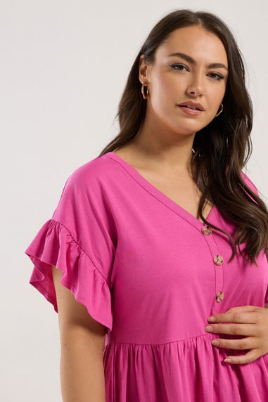 Yours Curve Pink Button Frill Sleeve Peplum Top