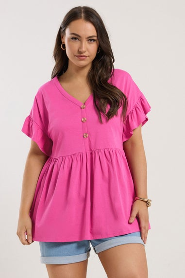 Yours Curve Pink Button Frill Sleeve Peplum Top