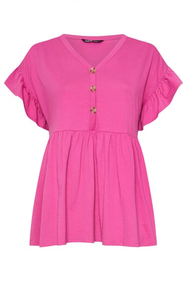 Yours Curve Pink Button Frill Sleeve Peplum Top