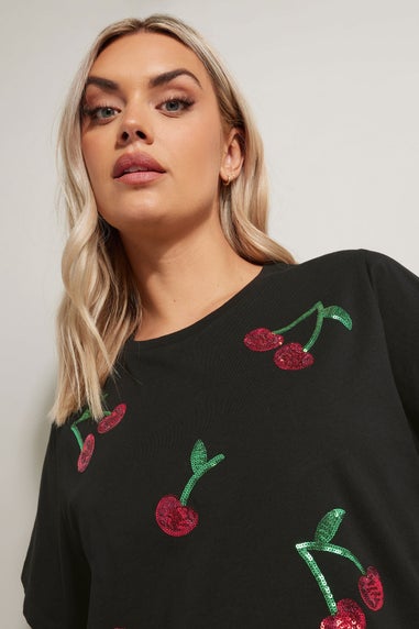 Yours Curve Black Sequin Embellished Cherry T-Shirt