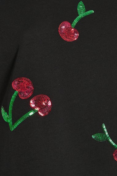Yours Curve Black Sequin Embellished Cherry T-Shirt