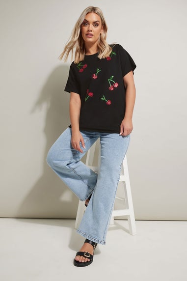 Yours Curve Black Sequin Embellished Cherry T-Shirt