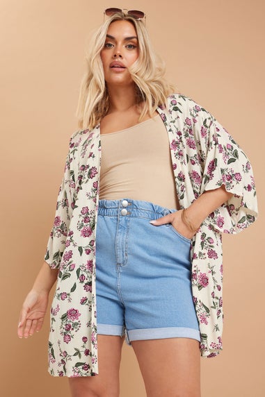 Yours Curve Natural Brown Floral Crochet Detail Kimono