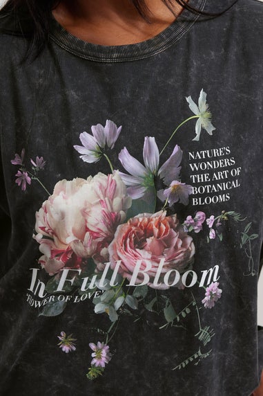 Yours Curve Grey In Full Bloom Acid Wash Oversized T-Shirt