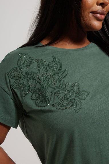 Yours Curve Khaki Green Floral Embroidered Stud Detail T-Shirt