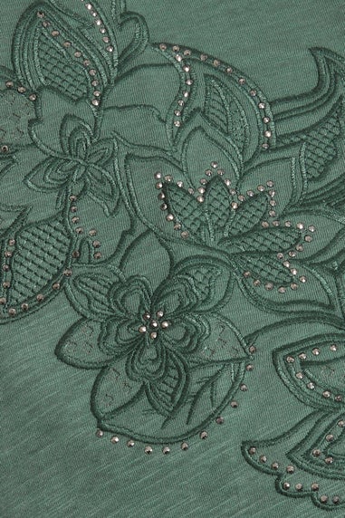 Yours Curve Khaki Green Floral Embroidered Stud Detail T-Shirt