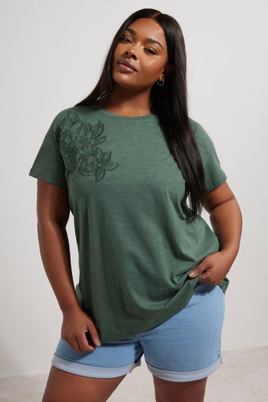 Yours Curve Khaki Green Floral Embroidered Stud Detail T-Shirt