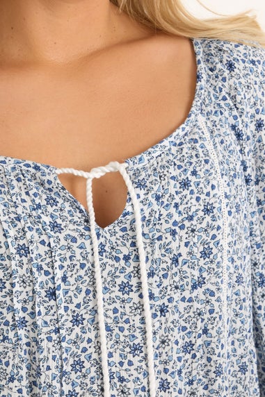 Yours Curve Blue Ditsy Floral Print Tie Neck Top