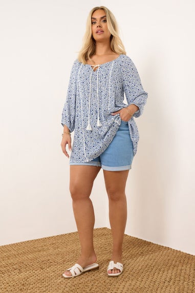 Yours Curve Blue Ditsy Floral Print Tie Neck Top