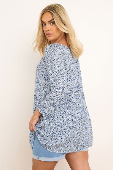 Yours Curve Blue Ditsy Floral Print Tie Neck Top