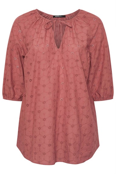 Yours Curve Rust Orange Floral Broderie Anglaise Tie Front Top
