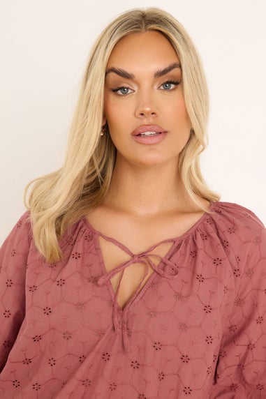 Yours Curve Rust Orange Floral Broderie Anglaise Tie Front Top