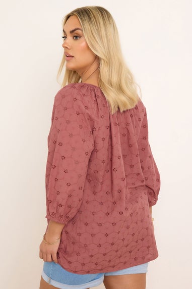 Yours Curve Rust Orange Floral Broderie Anglaise Tie Front Top
