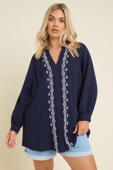 Yours Curve Navy Blue Embroidered Cheesecloth Shirt