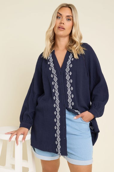 Yours Curve Navy Blue Embroidered Cheesecloth Shirt