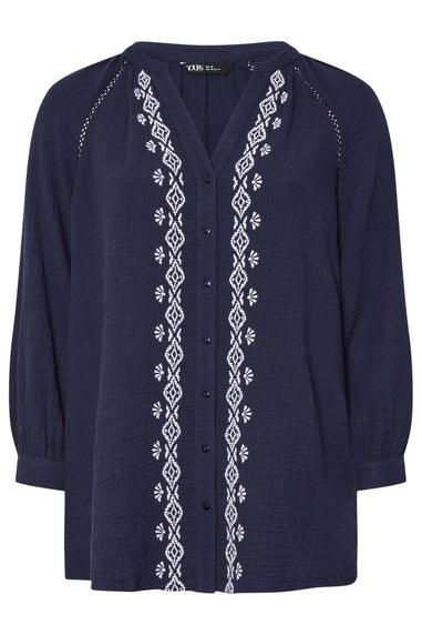 Yours Curve Navy Blue Embroidered Cheesecloth Shirt