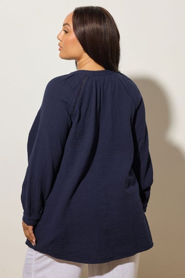 YOURS Curve Navy Blue Embroidered Cheesecloth Shirt