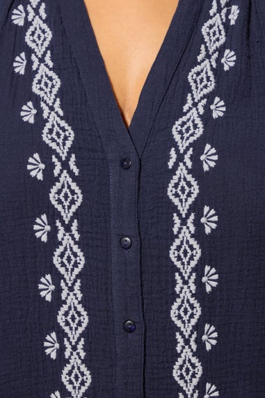 YOURS Curve Navy Blue Embroidered Cheesecloth Shirt