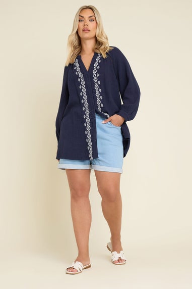 Yours Curve Navy Blue Embroidered Cheesecloth Shirt
