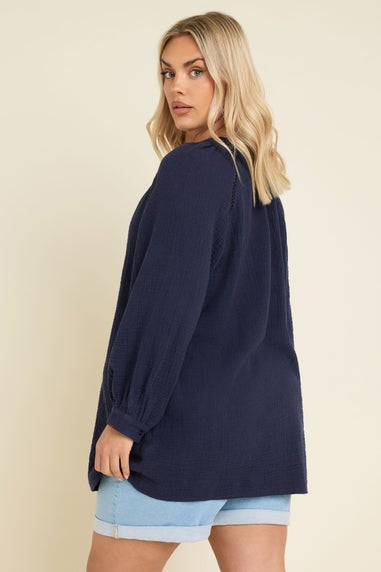 Yours Curve Navy Blue Embroidered Cheesecloth Shirt