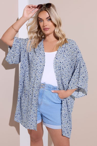 Yours Curve Blue Ditsy Floral Crochet Kimono